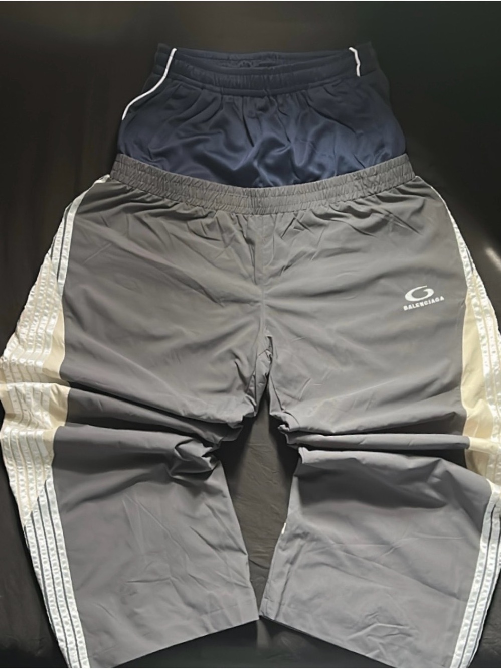 Balenciaga Double Waisted Gray Track Pants with Navy Waistband